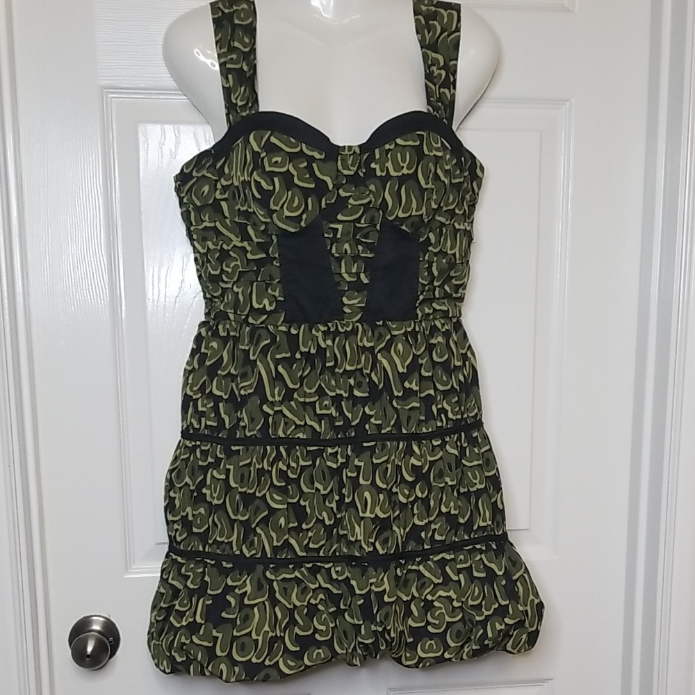 Twelve By Twelve Womens Moto Boho Green Black Camo Mini Bubble Hem Dress Large